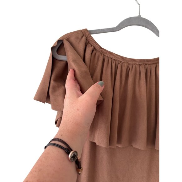 Chicos Brown Faux Suede Off-The-Shoulder Ruffled Blouse - Picture 3 of 11